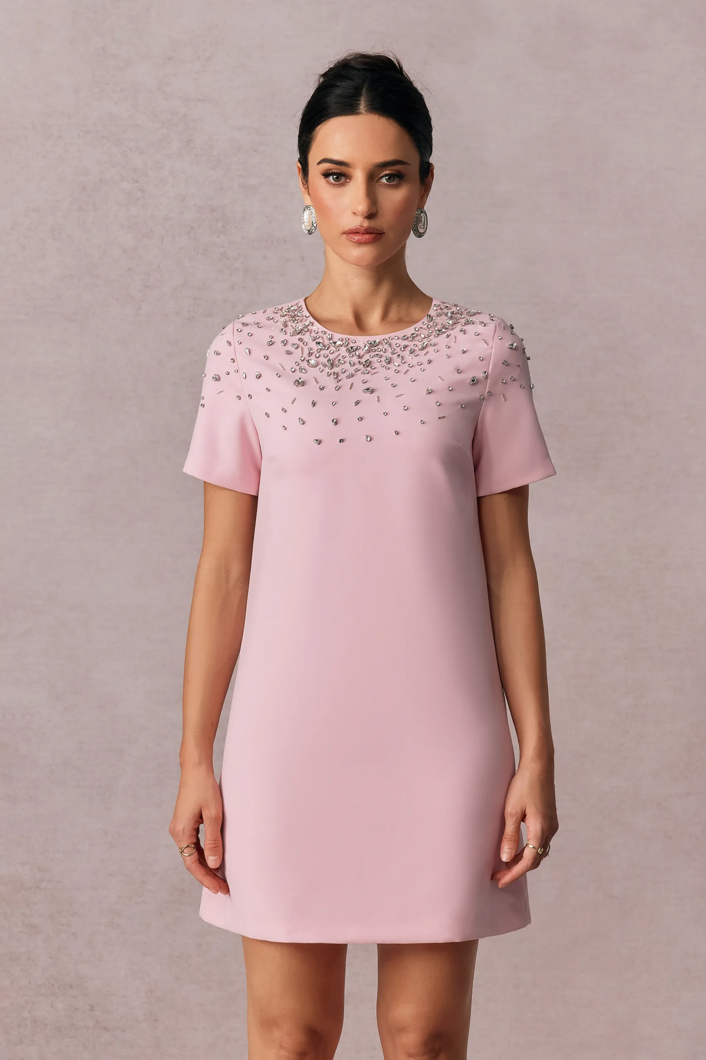 REGINA CRYSTAL EMBELLISHED SHORT SLEEVE MINI DRESS