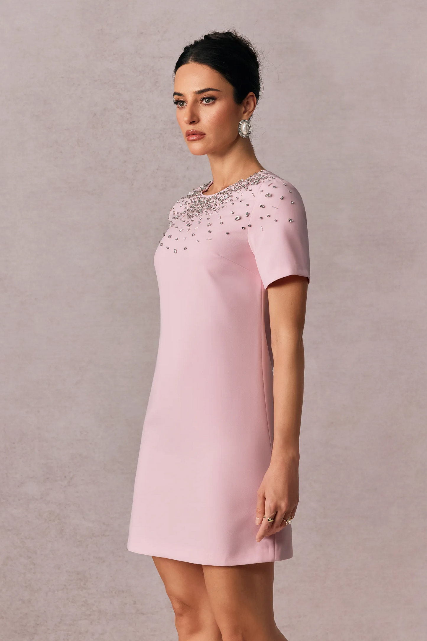 REGINA CRYSTAL EMBELLISHED SHORT SLEEVE MINI DRESS
