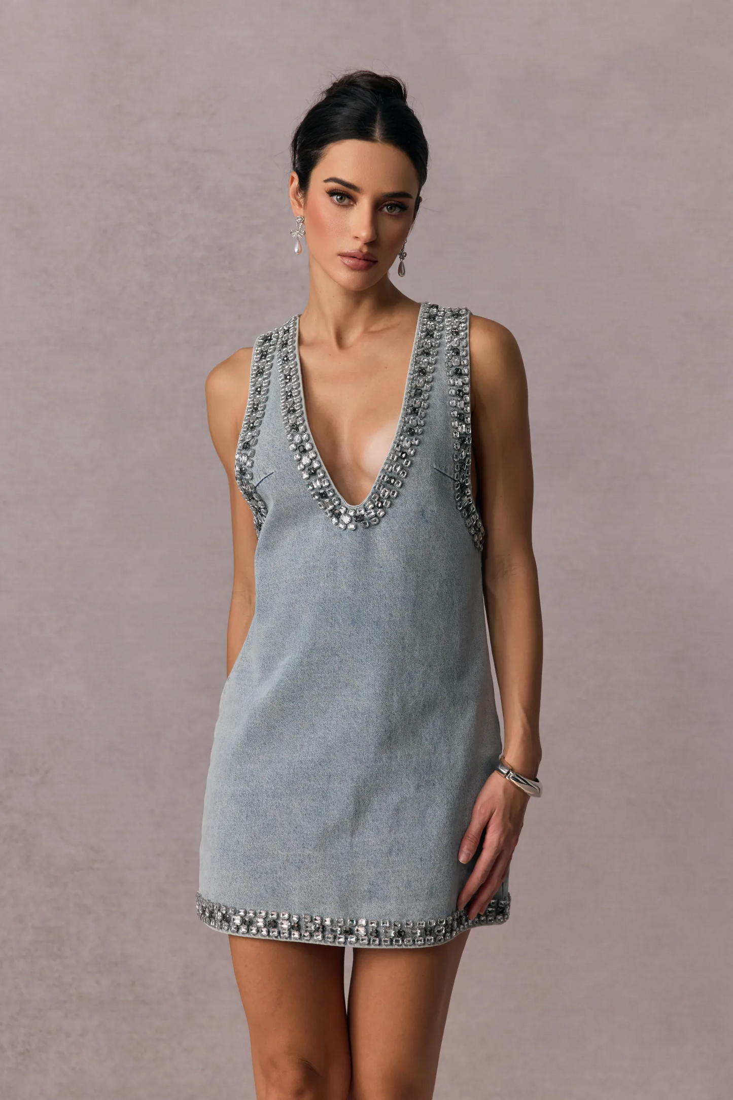 SHIRLEY CRYSTAL EMBELLISHED DENIM MINI DRESS