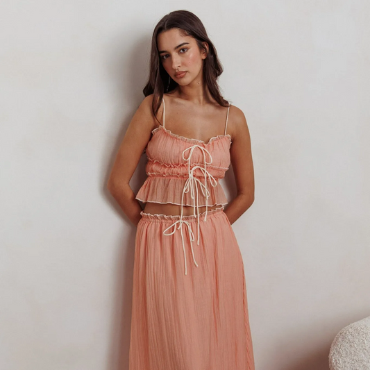 CYNTHIA BOW DETAIL RUCHED SKIRT SET