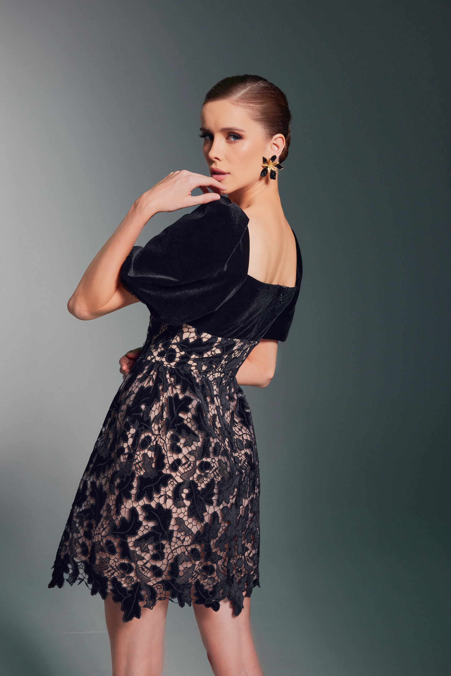 VELVET GUIPURE MINI DRESS