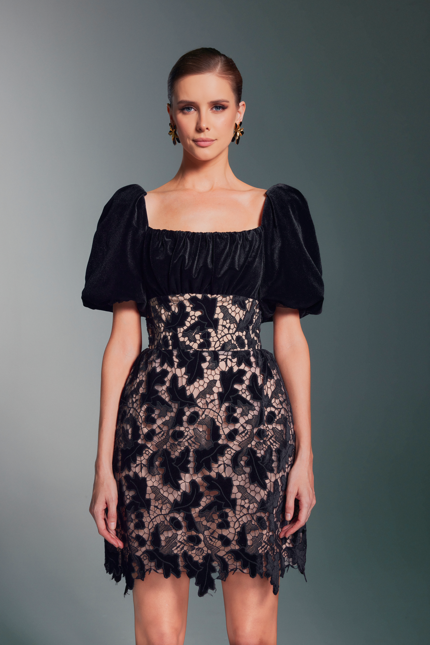 VELVET GUIPURE MINI DRESS